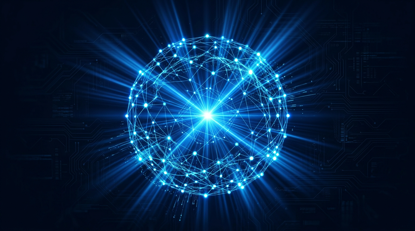 Glowing network sphere with blue energy rays representing VYNSORA's connected technology ecosystem