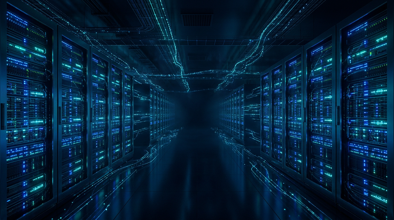 Enterprise-grade data center with server racks and blue glow