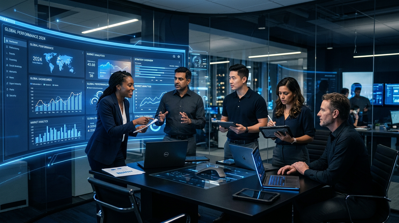 Diverse team of VYNSORA engineers collaborating in a modern tech office environment