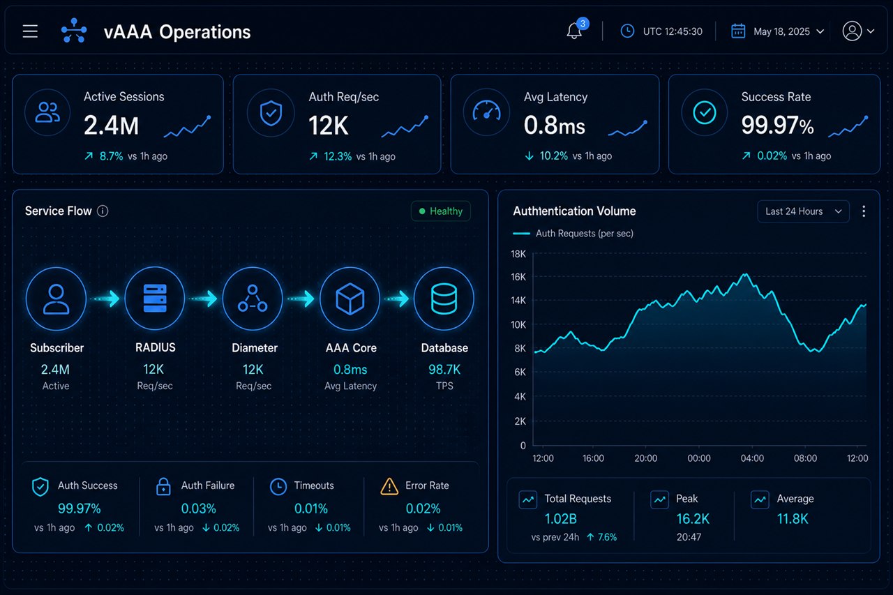 vAAA Operations dashboard — active sessions, auth requests/sec, latency, success rate, RADIUS / Diameter / Database flow